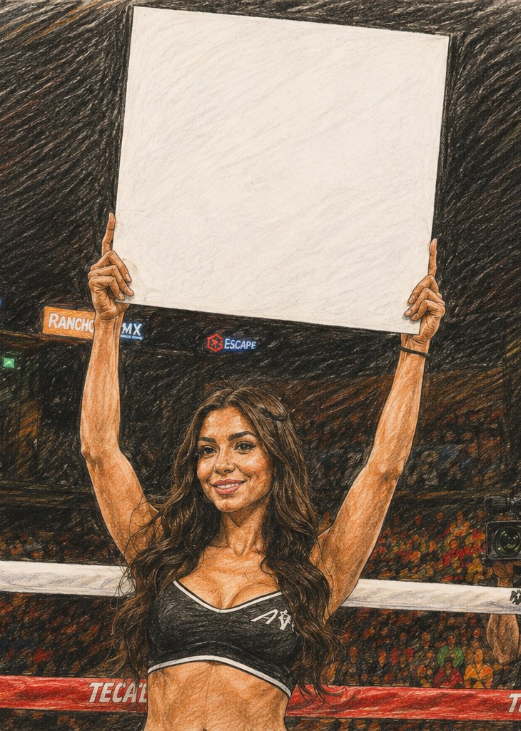 Ring card girl drži tablo s sponzorji Boks Kluba Portorož
